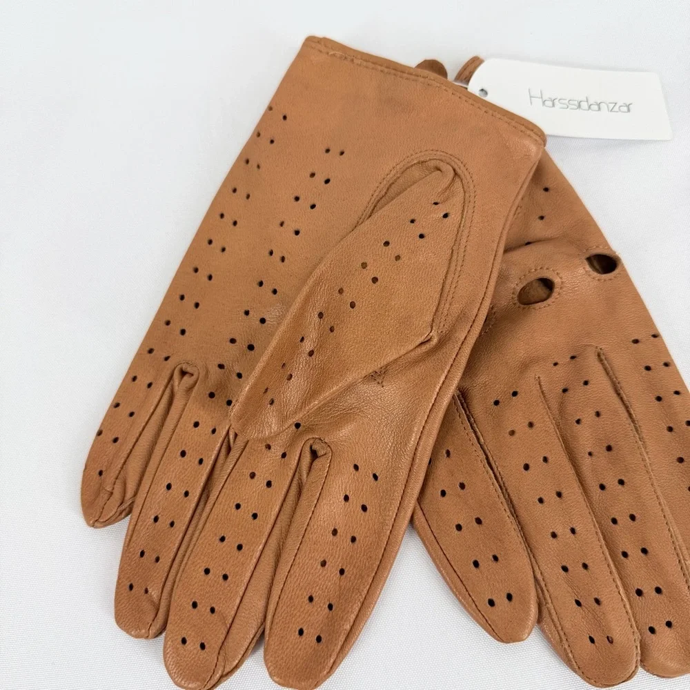 Harssidanzar Women’s size Large Cognac Lamb Skin Leather Driving Gloves New